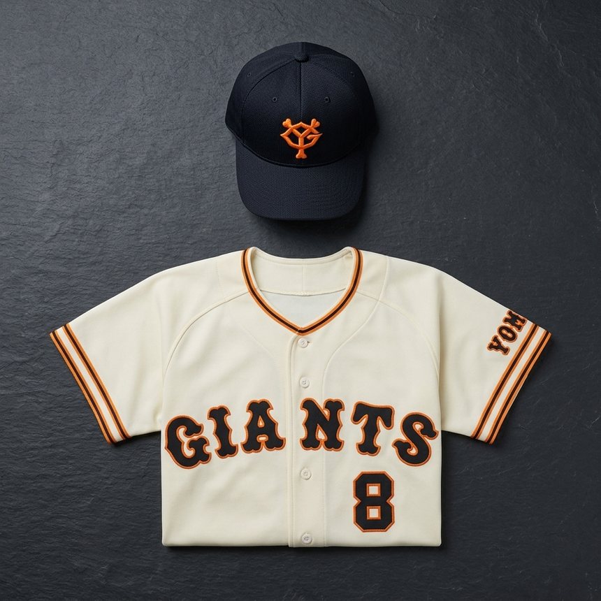 Yomiuri Giants cream jersey number 8 with a navy cap