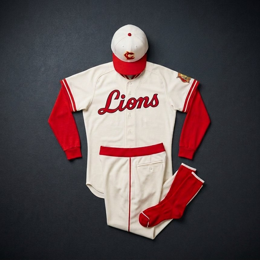 Cream and red Lions baseball uniform with cap and socks