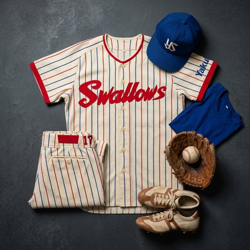 Yakult Swallows pinstripe uniform with glove, ball and cleats