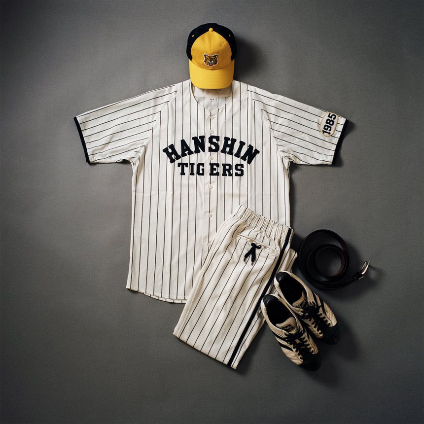 Hanshin Tigers 1985 pinstripe uniform with tiger cap and cleats