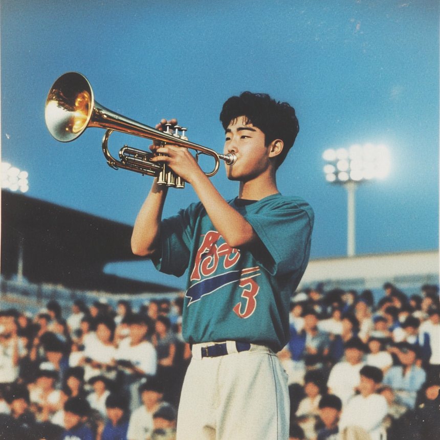 A young trumpeter leading the cheers in a packed ballpark at dusk