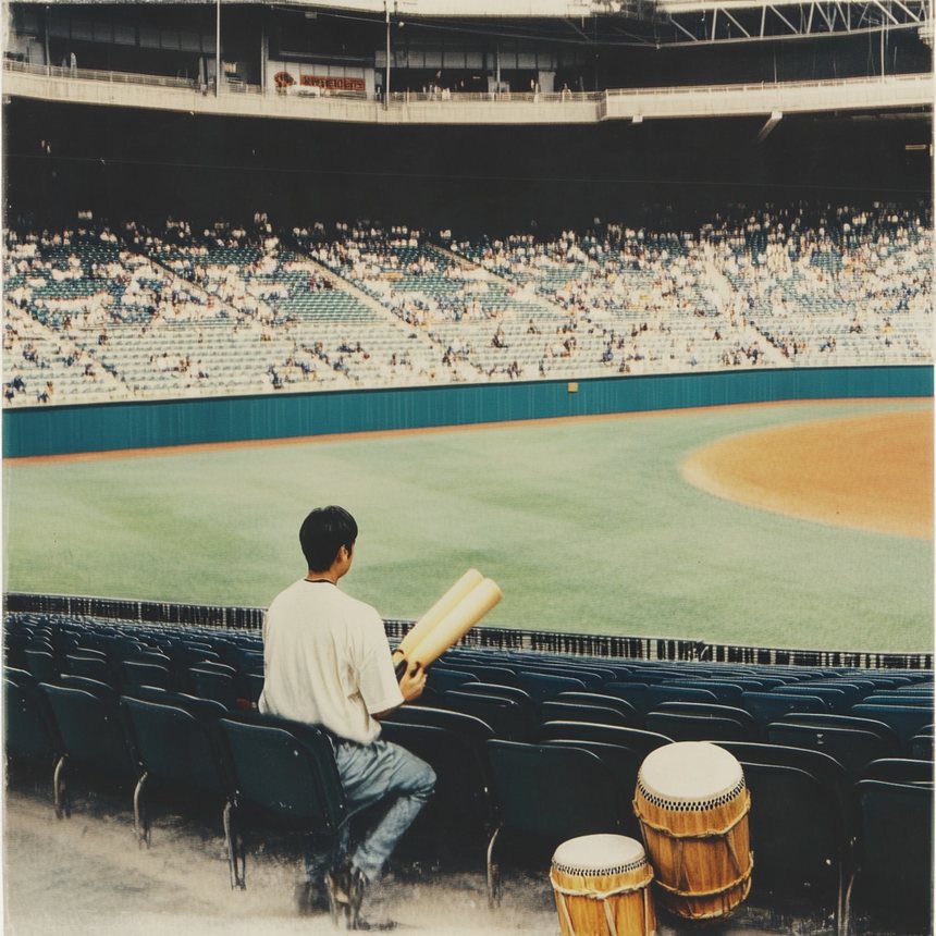 A taiko drummer in the stands watching the game